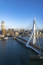 The skyline of Rotterdam, with the Erasmus Bridge over the Nieuwe Maas, Netherlands