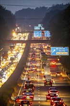 Motorway A40, Ruhrschnellweg, near Bochum, heavy evening traffic, in front of the motorway junction