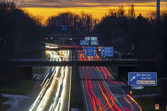 Motorway A40, Ruhrschnellweg, near Bochum, dense evening traffic, in front of the motorway junction