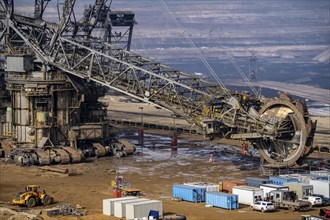 Garzweiler opencast lignite mine, bucket wheel excavator undergoing maintenance and repair, near