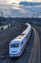 ICE train on the tracks, railway layout, railway line west of the main station of Essen, North