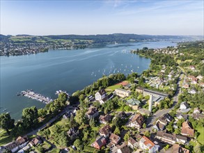 Aerial view of the municipality of Hemmenhofen on the Höri peninsula with the marina, jetty,