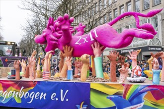 Rose Monday parade in Düsseldorf, themed floats of carnival societies and other participants in the