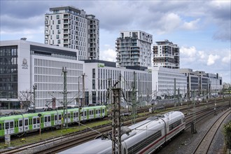 Railway line in Düsseldorf, along Toulouser Allee, residential area, office building, on former