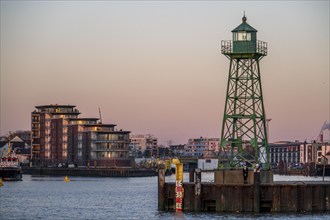 Skyline of Bremerhaven, seen over the Weser, lighthouse at the mouth of the Geeste, harbour of the