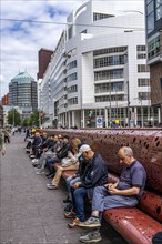 Grote Marktstraat, shopping street, long bench, pedestrian zone, in the city centre of The Hague,