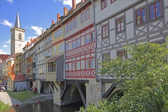 Famous Krämerbrücke and Gothic Ägidienkirche with river Gera, idyll, half-timbered houses, bridge