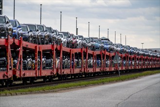 BMW new cars, on freight wagons, in the harbour of Cuxhaven, are shipped from here to Great Britain