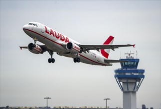 Cologne-Bonn Airport, CGN, Lauda Air, Airbus on take-off, German Air Traffic Control Tower,