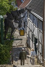 The old town centre of Essen-Kettwig, Ruhrstrasse, church steps, night watchman, Essen North