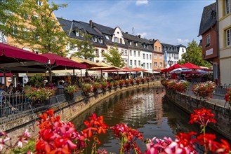 The town of Saarburg, on the Saar, at the market, gastronomy on the Leuk stream, flows into the