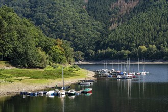 Small marina, jetty, sailing boats, view of the Rursee, Eifel National Park, North