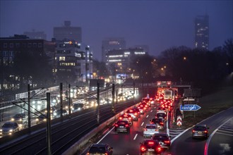 Traffic jam on the A40 motorway, Ruhrschnellweg, in Essen, in front of the Ruhrschnellweg tunnel,