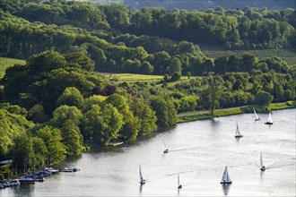 Lake Baldeney in Essen, Ruhr reservoir, view of the eastern shore, landscape in the Fischlaken