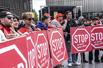 Demonstration by many thousands of steelworkers in front of the ThyssenKrupp headquarters in Essen