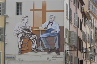 Mural by Marianne Colombani with homage to Jules Muraire alias Raimu Paul Dullac, escartefigue,