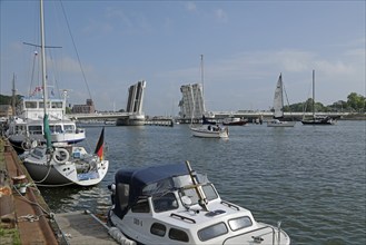 Open bascule bridge, boats, harbour, Kappeln, Schlei, Schleswig-Holstein, Germany, Europe