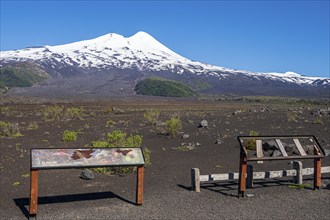 Volcano Llaima, viewpoint with information board, Conguillio National Park, Chile, South America