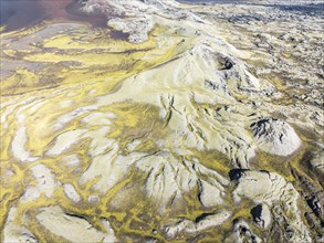 Moss-covered Laki crater or Lakagígar, series of craters, aerial view, interior highlands of