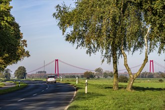 Rhine bridge Emmerich, on the Lower Rhine, left bank of the Rhine, landscape, dyke foreland near