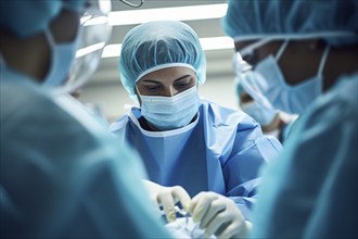 Hospital staff with female doctor and nurses performing surgery. KI generiert, generiert AI