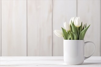 White mug with tulip spring flowers. KI generiert, generiert AI generated