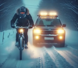 A cyclist rides in front of a car with headlights switched on in the dark in snow, generated with