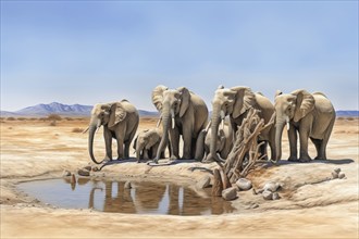 Desert elephants on a small water pond, Africa, AI generated