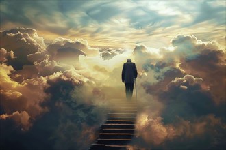 An old man ascends to heaven on a staircase, symbolising death, mourning, the afterlife,