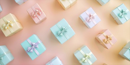 Small gift boxes on pastel orange and yellow background, KI generiert, generiert, AI generated