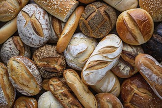 Top view of many different types of bread. KI generiert, generiert, AI generated