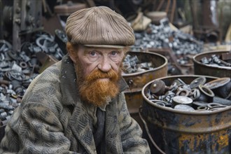 A red-haired, older man with a full beard, scrap dealer, in work clothes in a scrap yard, AI