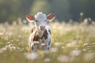 Cute young brown and white calf on sunny meadow with flowers, AI generated