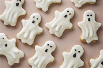 Top view of ghost shaped white Halloween cookies on pink background. Generative Ai, AI generated