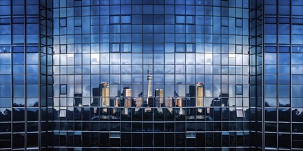 Glass surface facade mirroring an iconic skyline in evening light, AI generated