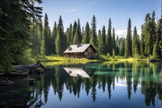 Rustic log cabin nestled in a dense evergreen forest with reflection in a tranquil lake, AI