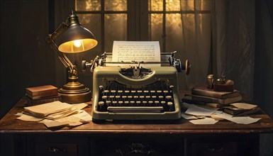 Antique typewriter sitting on a weathered wooden desk, with crumpled papers scattered around, AI