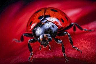 Macro of a ladybug (Coccinella septempunctata), revealing the fine texture of its bright red shell