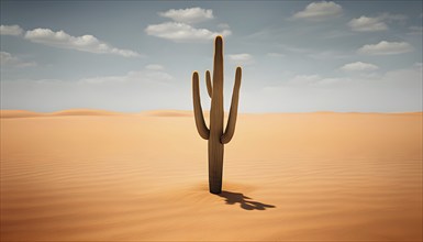 A minimalist desert landscape with a single, dried cactus, AI generated