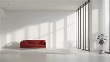 Minimalist living room with clean lines and neutral tones, featuring a modern red colored sofa, AI