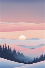 Illustration of a cold winter sunrise, represented by a minimalist gradient of soft pastel pinks