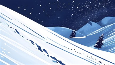 Simplified representation of ski tracks on a pristine snowy slope, created with bold, clean lines,