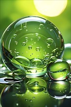 A cluster of iridescent vibrant green oil bubbles floating on a water surface, AI generated