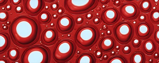 Illustration of oil and water bubbles floating serenely juxtaposed against a vivid red background,