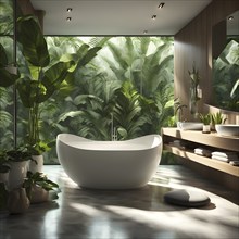 Modern bathroom with bath tube and tropical plants, AI generated