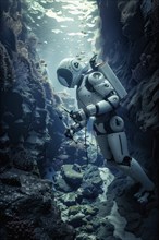 Robot studying and collecting samples in a deep sea canyon with hydrothermal vents, AI generated