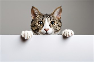 Tabby cat holding empty white paper in front of gray studio background with copy space. Generative