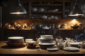 Kitchen scene featuring a pile of dishes, AI generated