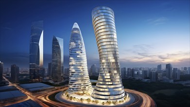 Modern skyscraper design concept showcasing the spiral patterns found in seashells, AI generated