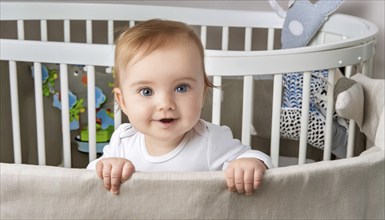 A happy baby stands smiling in a cot with toys in the background, AI generated, AI generated